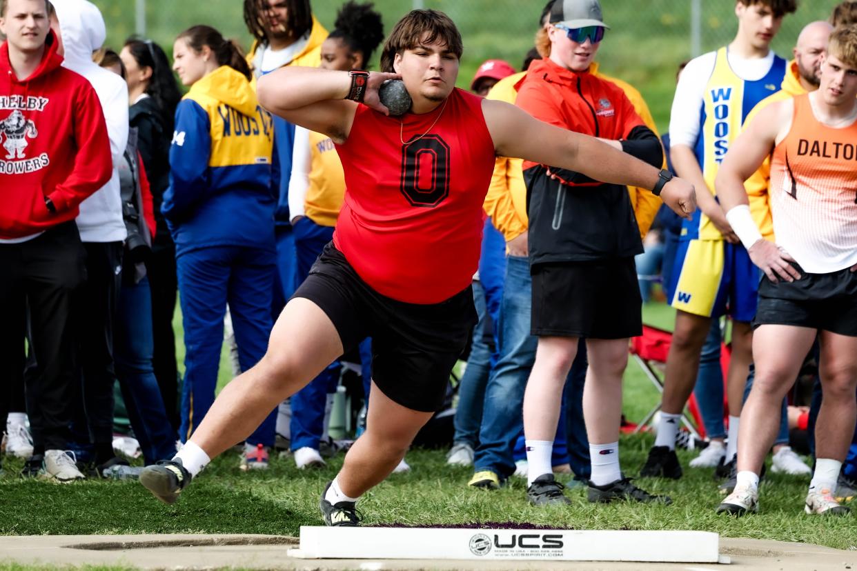 Orrville standout Talon Beichler launches a toss of 57'11.50" to finish third at the Triway Invitational.