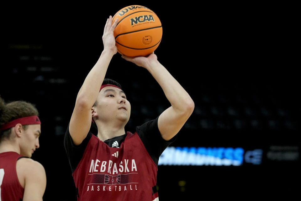 Nebraska guard Keisei Tominaga practices for the team's first-round college basketball game in the NCAA Tournament, Thursday, March 21, 2024, in Memphis, Tenn. (AP Photo/George Walker IV)