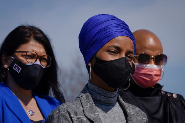 (L-R) Rep. Rashida Tlaib (D-MI), Rep. Ilhan Omar (D-MN) and Rep. Ayanna Pressley (D-MA) attend a news conference to discuss proposed legislation entitled Rent and Mortgage Cancellation Act outside the U.S. Capitol on March 11, 2021 in Washington, DC. The bill aims to institute a nationwide cancellation of rents and home mortgage payments through the duration of the coronavirus pandemic. (Photo: Photo by Drew Angerer/Getty Images)