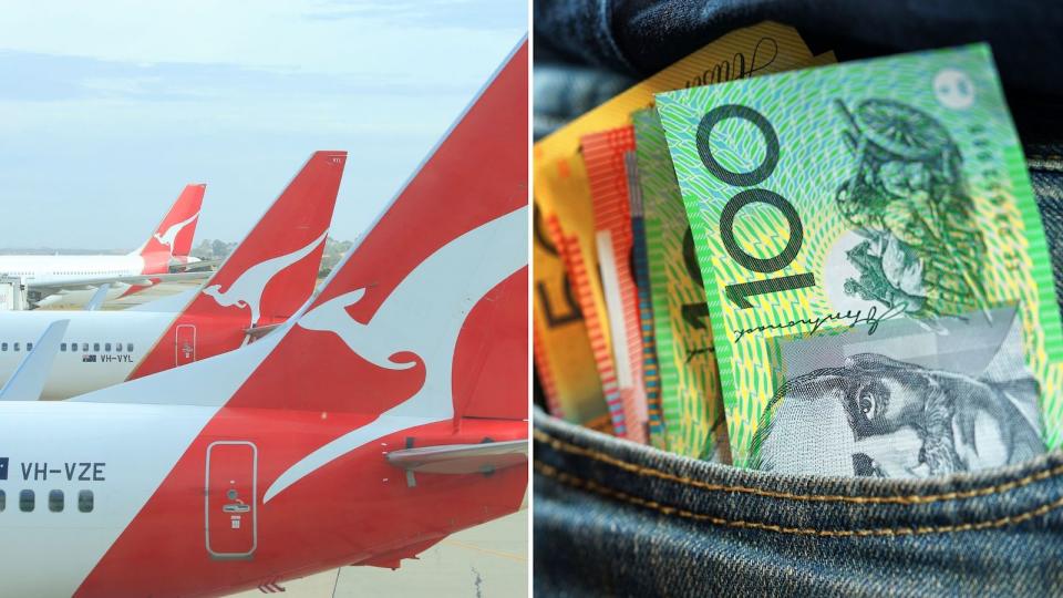 Compilation image of Qantas planes and cash in a back pocket