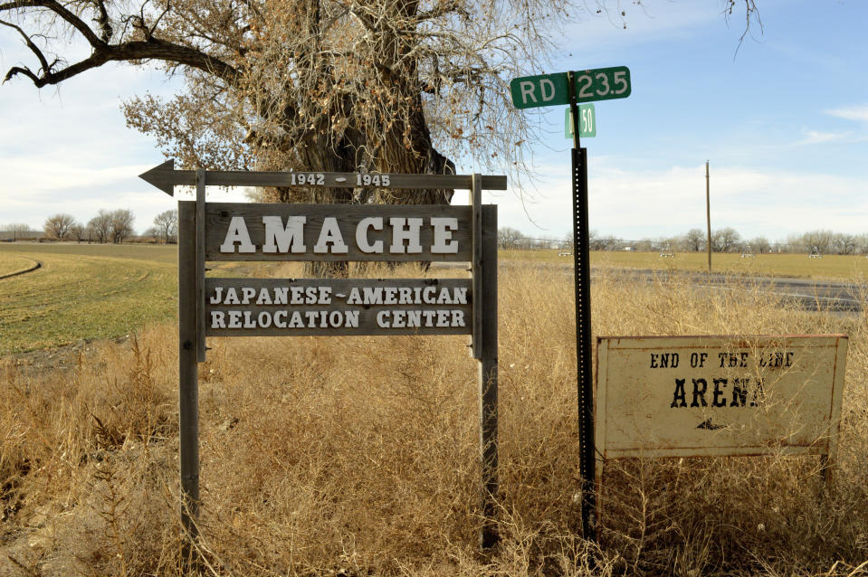 FILE - This Jan. 18, 2015, file photo shows a sign at the entrance to Camp Amache, the site of a former World War II-era Japanese-American internment camp in Granada, Colo. A University of Denver team is using a drone to create a 3D reconstruction of the camp in southern Colorado. The Amache effort is part of a growing movement to identify and preserve historical sites connected to people of color in the U.S. (AP Photo/Russell Contreras, File)