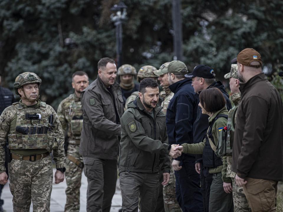 Ukrainian President Volodymyr Zelenskyy attends flag hoisting ceremony in Izium after the Ukrainian forces took control of the city from the Russian forces in Kharkiv, Ukraine on September 14, 2022.