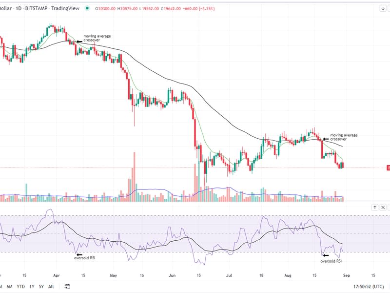 The bitcoin/U.S. dollar daily chart along with its 10-day and 50-day exponential moving average as well as its RSI metric (Glenn Williams Jr./TradingView)