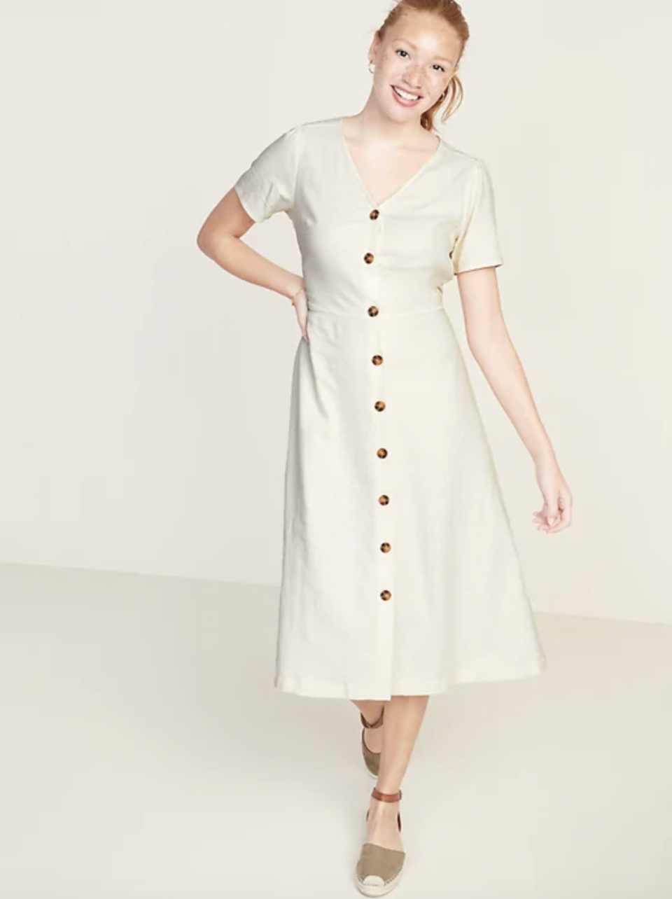 Fit & Flare Button-Front Linen-Blend Midi Dress (Credit: Old Navy)