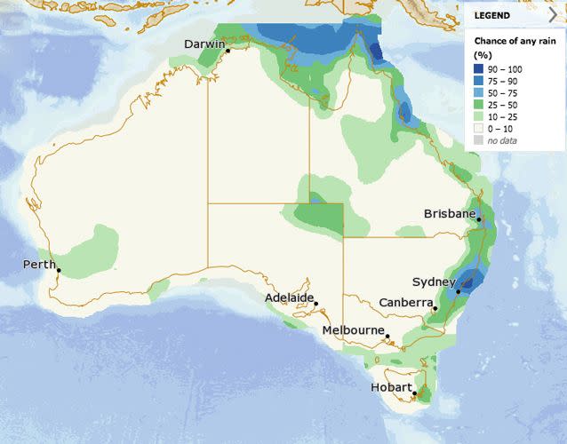 The entire NSW coast is expecting rain on Wednesday. Source: Bureau of Meteorology