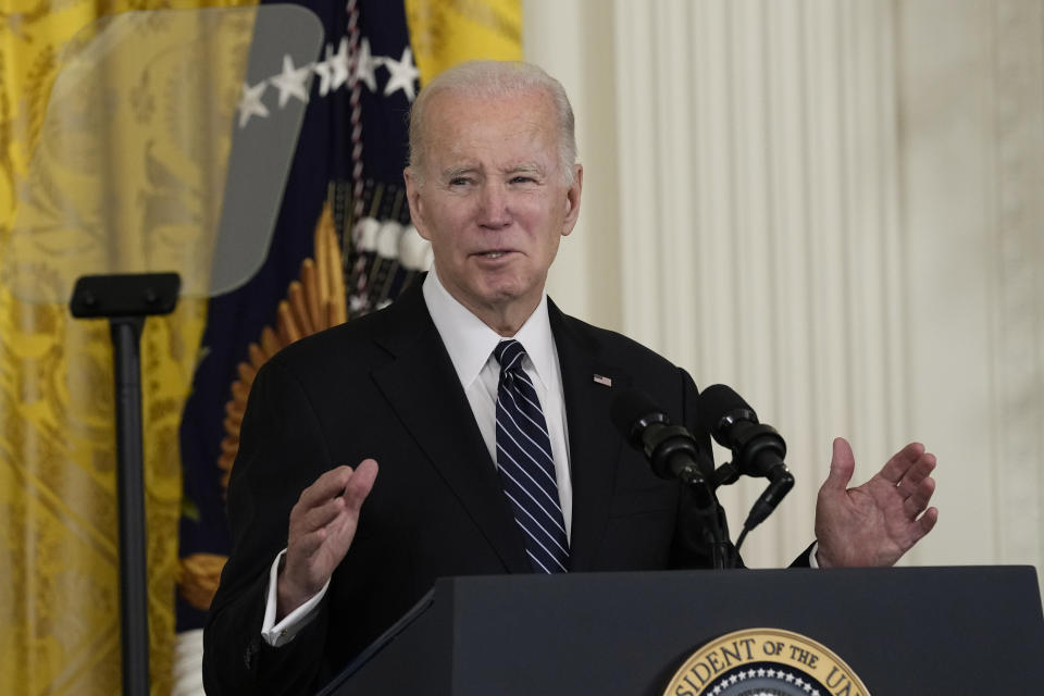 President Joe Biden talks about his nomination of Julie Su to serve as the Secretary of Labor during an event in the East Room of the White House in Washington, Wednesday, March 1, 2023. (AP Photo/Susan Walsh)