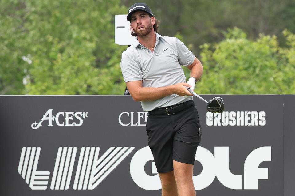 Aug 12, 2023; Bedminster, New Jersey, USA; Matthew Wolff plays his shot from the ninth tee during the second round of the LIV Golf Bedminster golf tournament at Trump National Bedminster. Mandatory Credit: Vincent Carchietta-USA TODAY Sports