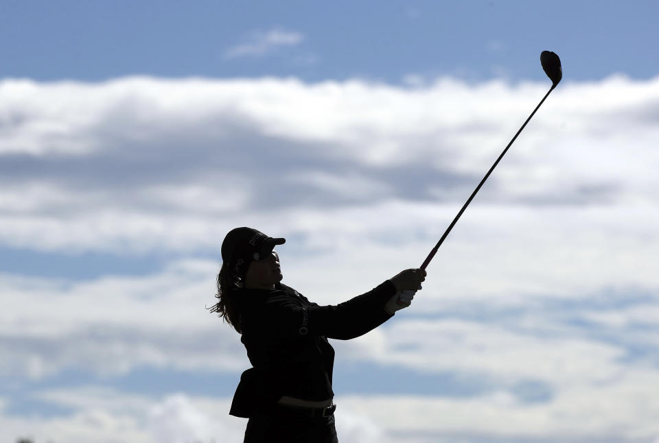 United States' Jennifer Kupcho plays her tee shot from the 13th, during the first round of the Women's British Open golf championship, in Muirfield, Scotland Thursday, Aug. 4, 2022. (AP Photo/Scott Heppell)