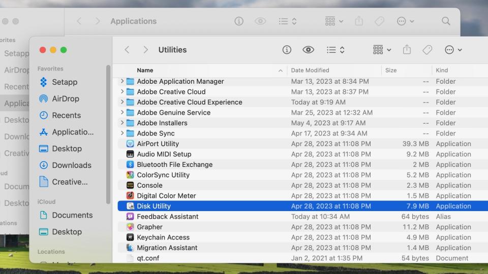 Image highlighting the location of Disk Utility under the macOS Utilities folder