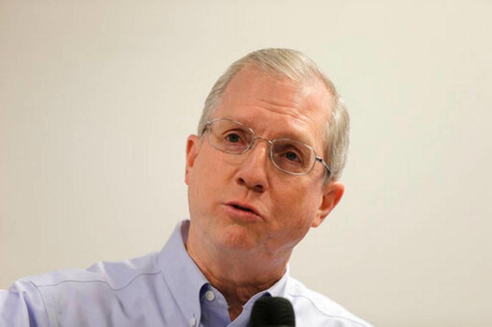 FILE - In a Sept. 21, 2016 file photo, Kevin Marsh, CEO of SCANA Corp., speaks to the media at the V.C. Summer Nuclear Station near Jenkinsville, S.C. The Securities and Exchange Commission sued SCANA Corp., its subsidiary South Carolina Electric & Gas along with the utility’s former CEO Kevin Marsh and Executive Vice President Stephen Byrne on Thursday, Feb. 27, 2020. Federal officials say two former executives at a South Carolina utility, former CEO Kevin Marsh and Executive Vice President Stephen Byrne lied repeatedly to regulators and investors about the progress of construction of two nuclear reactors, taking hundreds of millions of dollars out of the pockets of investors and ratepayers.