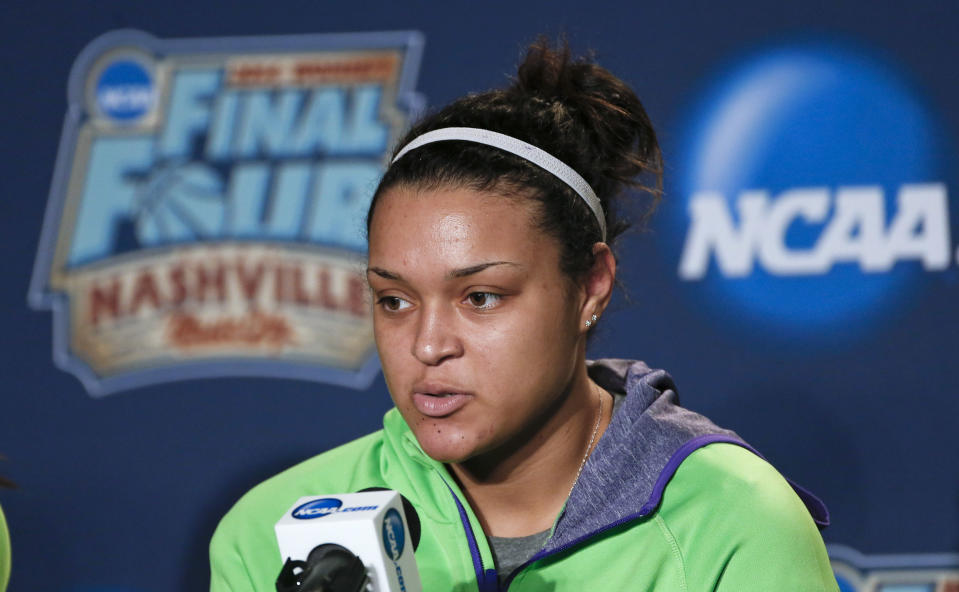 Notre Dame guard Kayla McBride answers questions during a news conference at the NCAA women's Final Four college basketball tournament Monday, April 7, 2014, in Nashville, Tenn. Notre Dame is scheduled to face Connecticut in the championship game Tuesday. (AP Photo/John Bazemore)