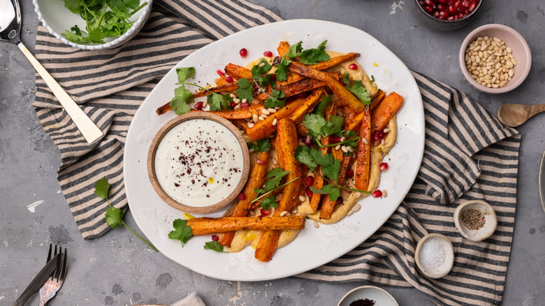 roasted carrots with lentil hummus
