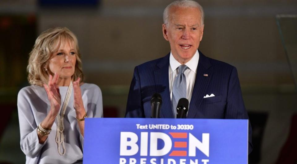 Democratic Presidential candidate former Vice President Joe Biden addresses the media and a small group of supporters with his wife Dr. Jill Biden during a primary night event on March 10, 2020 in Philadelphia, Pennsylvania. (Photo by Mark Makela/Getty Images)