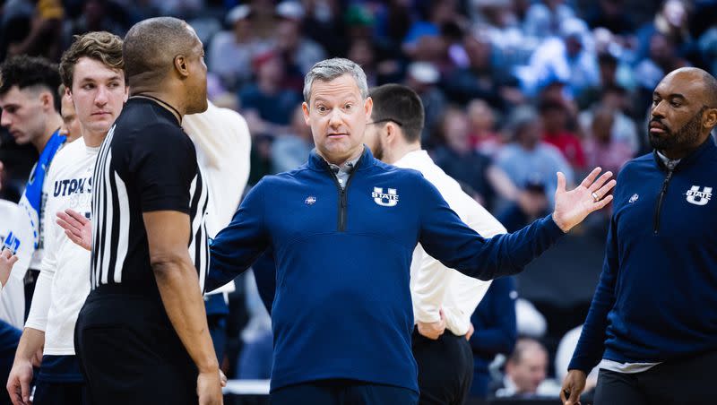 Utah State head coach Ryan Odom reacts during a first-round game of the NCAA Tournament between Utah State and Missouri in Sacramento on March 16, 2023.