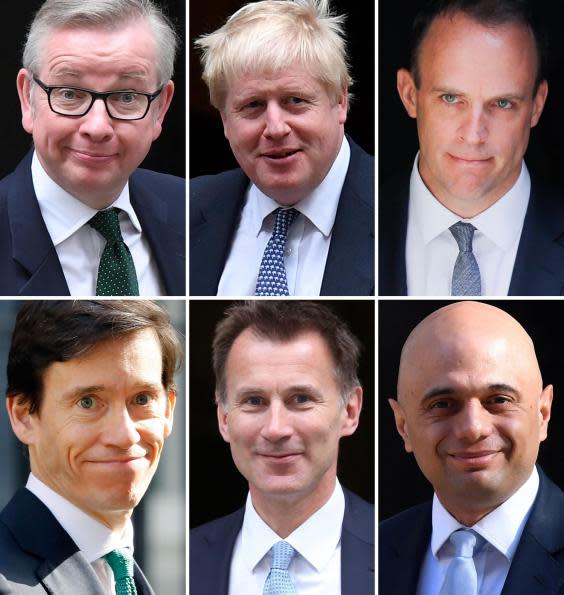 Remaining six candidates in the Conservative leadership contest (Michael Gove, Boris Johnson, Dominic Raab, Rory Stewart, Jeremy Hunt, Sajid Javid) (AFP)