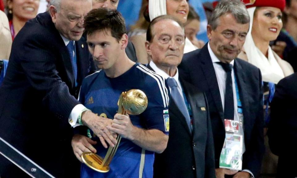 Messi looks glum after receiving the golden ball trophy rather than the one he really wanted after the 2014 World Cup final.