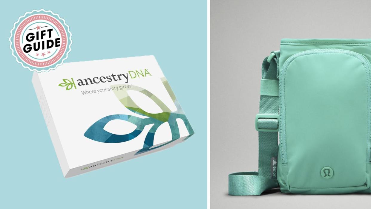 ancestry dna and a green water bottle bag