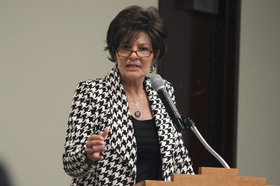 FILE - Rep. Yvette Herrell, R-NM., speaks to tribal officials during a political forum in Albuquerque, N.M., on Oct 14, 2022. Accusations that New Mexico's Democratic-led legislature unfairly diluted the vote of the politically conservative oil-producing region go to trial Wednesday, Sept. 27, 2023, at a state district court in Lovington, N.M. U.S. Rep. Gabe Vasquez of Las Cruces ousted first-term Republican Herrell in 2022 from the 2nd District after it was reshaped to include portions of Albuquerque. Herrell wants the GOP nomination for a rematch, launching her campaign in May alongside House Speaker Kevin McCarthy. (AP Photo/Susan Montoya Bryan File)