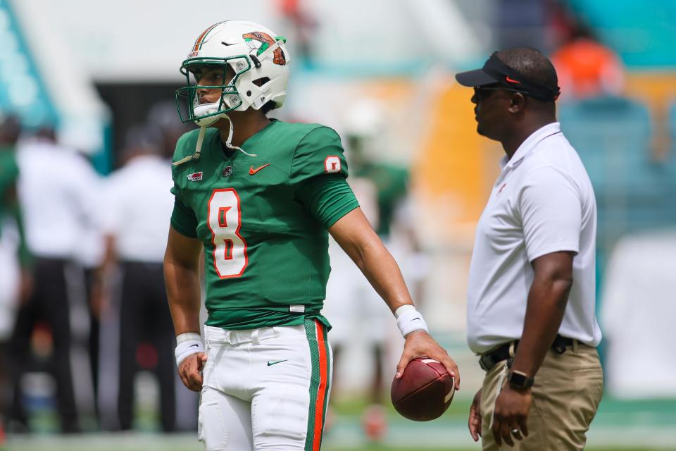 Sep 3, 2023; Miami Gardens, FL, USA; Florida A&M Rattlers quarterback Jeremy Moussa (8) looks on prior to the game against the Jackson State Tigers during the Orange Blossom Classic at Hard Rock Stadium. Mandatory Credit: Sam Navarro-USA TODAY Sports