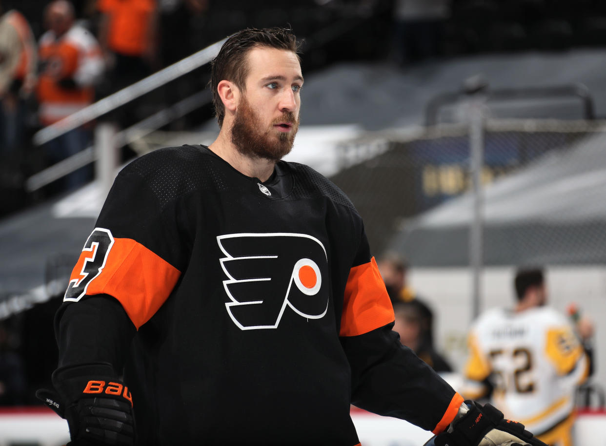 PHILADELPHIA, PA - MAY 03:  Kevin Hayes #13 of the Philadelphia Flyers looks on during warm-ups against the Pittsburgh Penguins at the Wells Fargo Center on May 3, 2021 in Philadelphia, Pennsylvania.  (Photo by Len Redkoles/NHLI via Getty Images)