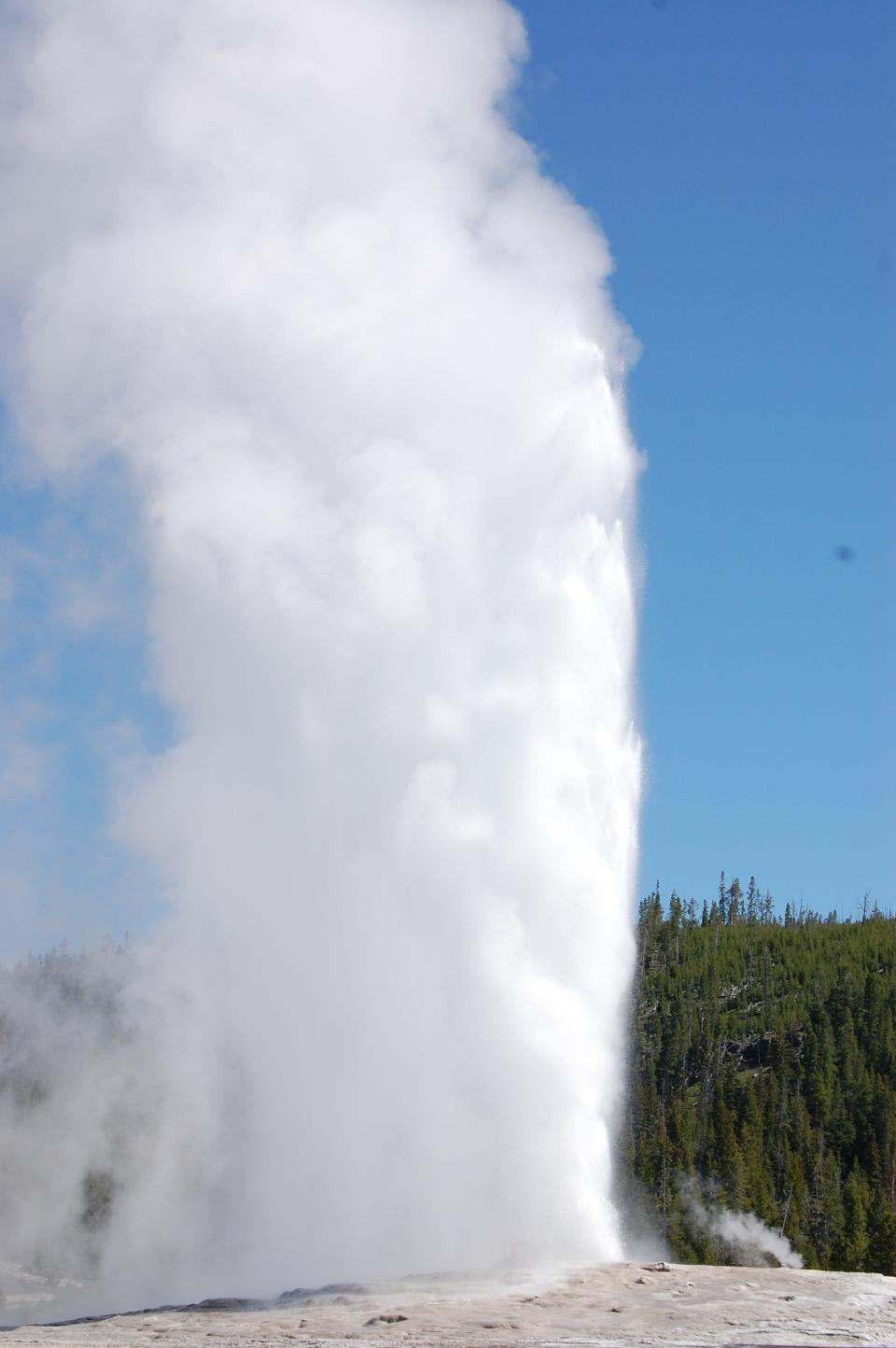 Old Faithful Geyser erupts every 60 to 90 minutes in Yellowstone National Park.