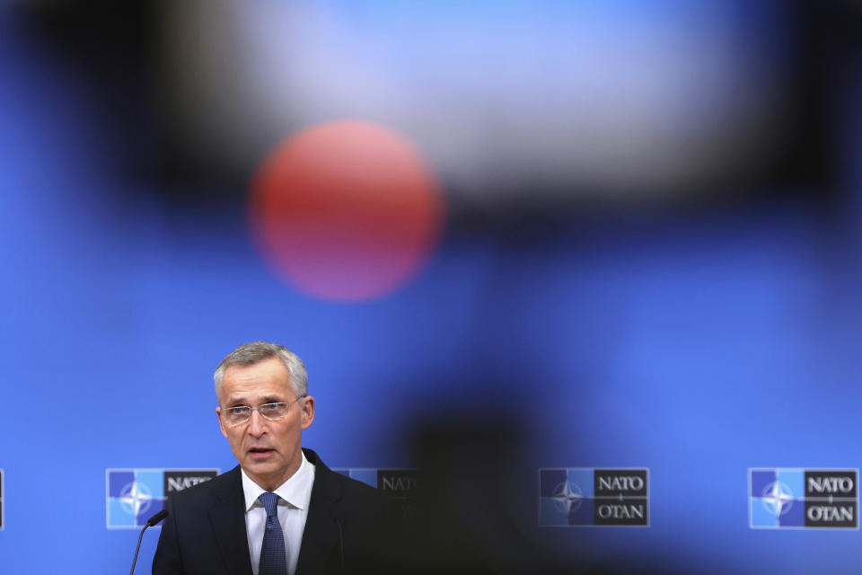 NATO Secretary General Jens Stoltenberg speaks during a media conference after convening an online NATO leaders summit at NATO headquarters in Brussels, Friday, Feb. 25, 2022. U.S. President Joe Biden and his NATO counterparts will seek Friday to reassure member countries on the alliance's eastern flank that their security is guaranteed as Russia's large-scale invasion of Ukraine closes in on the capital Kyiv. (AP Photo/Olivier Matthys)