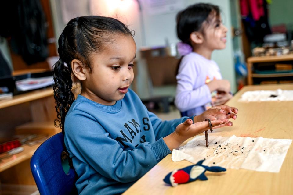 Preschooler August Williams inspects a live worm during class at Cumberland Elementary School on Thursday, April 18, 2024, in Lansing.