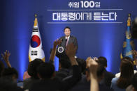 South Korean President Yoon Suk Yeol takes a question during a news conference to mark his first 100 days in office at the presidential office in Seoul, South Korea, Wednesday, Aug. 17, 2022. (Chung Sung-Jun/Pool Photo via AP)