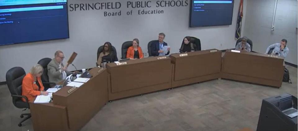 Springfield school board member Steve Makoski held up a wooden paddle during the Feb. 13 study session. He urged the superintendent and board to consider a return to corporal punishment.