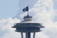 The Seattle Kraken NHL hockey flag flies on top of the Space Needle, Wednesday, July 21, 2021, before the Kraken's expansion draft event. (AP Photo/Ted S. Warren)