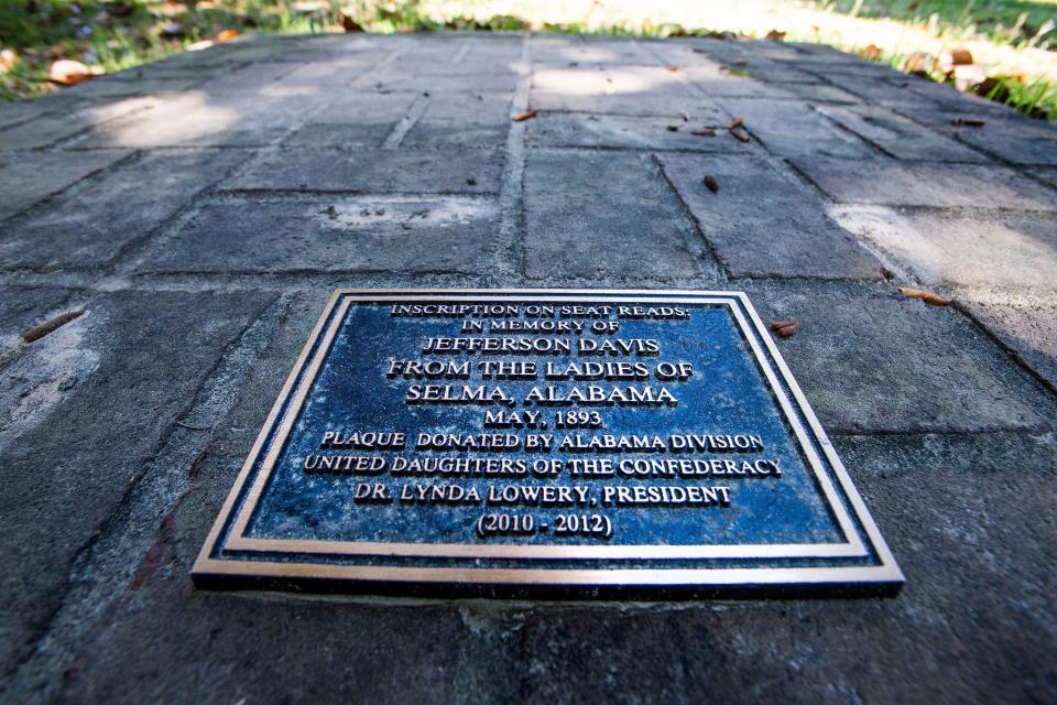 The platform where the Jefferson Davis Chair sat at Confederate Memorial Circle in Live Oak Cemetery in Selma, Ala., on Monday April 5, 2021.