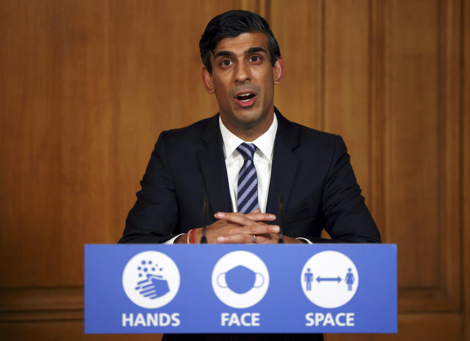 Britain's chancellor of the exchequer Rishi Sunak during a coronavirus briefing, in Downing Street, London. Photo: Henry Nicholls/Pool via AP