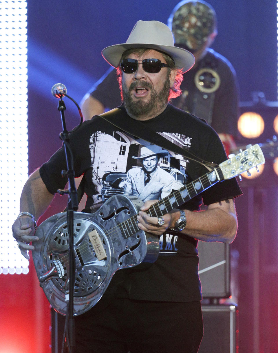 Hank Williams Jr. performs on an outdoor stage during the CMT Music Awards show on Wednesday, June 6, 2012, in Nashville, Tenn. (AP Photo/Mark Humphrey)