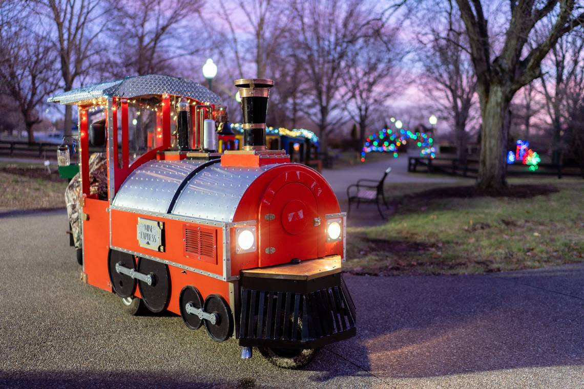 Southern Lights showcases over a million holiday lights, all visible from cars as spectators drive-thru the Kentucky Horse Park grounds, finishing at a Holiday Village with Santa, crafts, food and more including a train ride for kids, shown here.