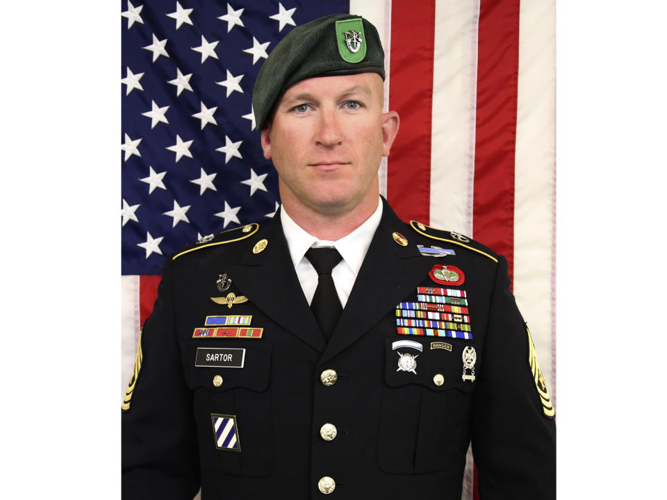 Sgt. Maj. James G. "Ryan" Sartor is seen in an undated photo provided by the U.S. Army Special Operations Command. A spokeswoman for the U.S. Army Special Operations Command said in a statement Sunday that Sartor was killed Saturday, July 13, 2019 during combat operations in Faryab Province, Afghanistan. (U.S. Army Special Operations Command via AP)