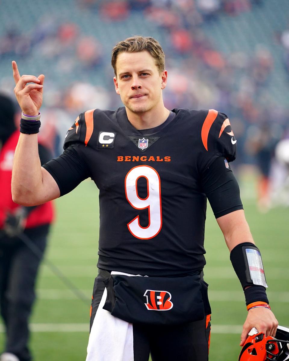 Cincinnati Bengals quarterback Joe Burrow (9) walks off the field at the conclusion of a Week 16 NFL game against the Baltimore Ravens, Sunday, Dec. 26, 2021, at Paul Brown Stadium in Cincinnati. The Cincinnati Bengals defeated the Baltimore Ravens, 41-21. 