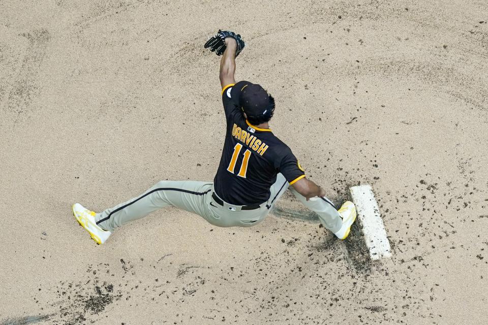 San Diego Padres starting pitcher Yu Darvish throws during the first inning of a baseball game against the Milwaukee Brewers Friday, Aug. 25, 2023, in Milwaukee. (AP Photo/Morry Gash)