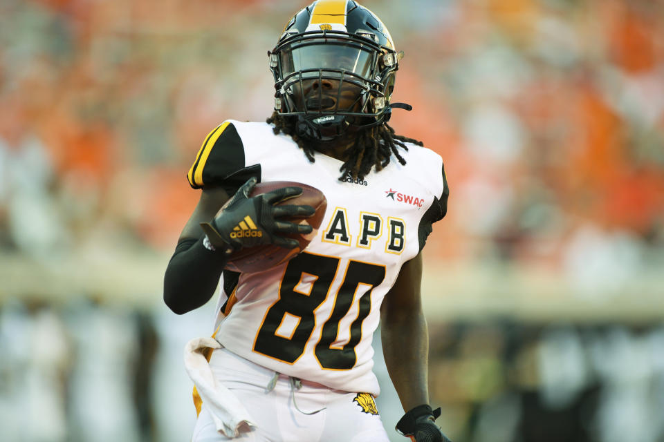 Arkansas-Pine Bluff wide receiver Raequan Prince (80) runs the ball during the first half of an NCAA college football game against Oklahoma State, Saturday, Sept. 17, 2022, in Stillwater, Okla. (AP Photo/Brody Schmidt)