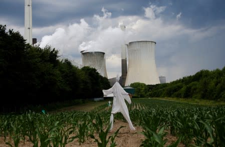 FILE PHOTO: A scarecrow stands in a corn field in front of the Neurath coal power plant of German utility RWE in Neurath, west of Cologne