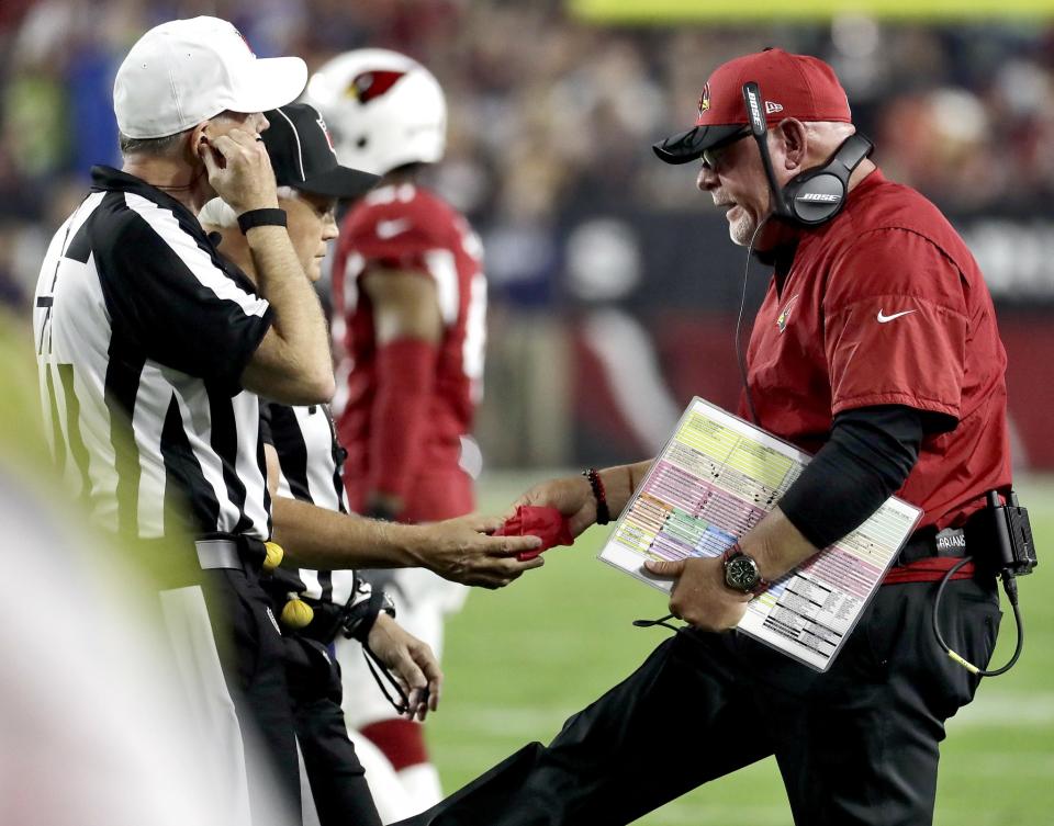 Arizona Cardinals head coach Bruce Arians was not pleased with the second quarter field-goal block. (AP)