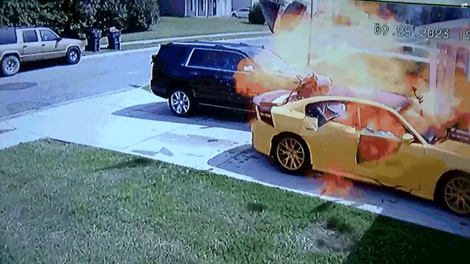 Ring home camera footage of the yellow Dodge Charger exploding.