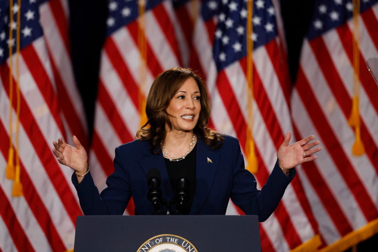 <span>Vice-President Kamala Harris speaks during a campaign event at West Allis, Wisconsin, 23 July.</span><span>Photograph: Jeffrey Phelps/EPA</span>