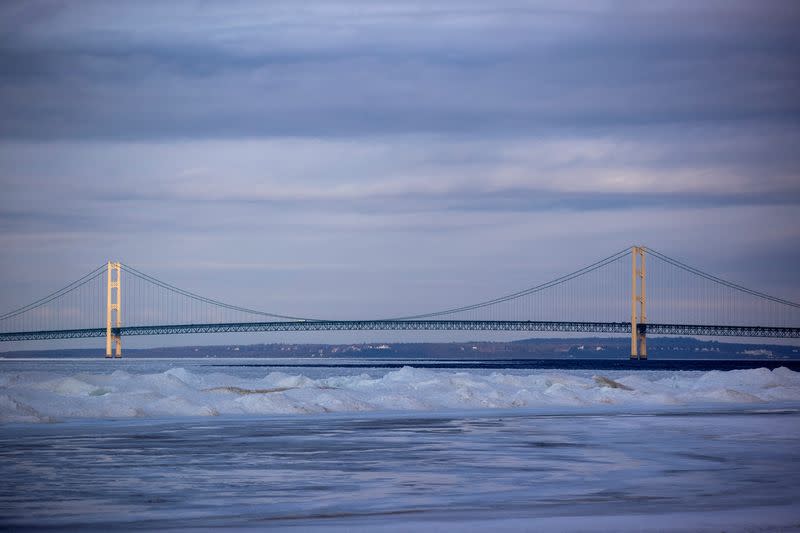 Ice formations near the Mackinac Bridge