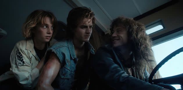 Robin Buckley (Maya Hawke), Steve Harrington (Joe Keery) and Eddie Munson (Joseph Quinn) in “Stranger Things” Season 4. (Photo: Netflix)