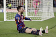 Barcelona's Lionel Messi celebrates after scoring his side's third goal during the Champions League semifinal, first leg, soccer match between FC Barcelona and Liverpool at the Camp Nou stadium in Barcelona, Spain, Wednesday, May 1, 2019. (AP Photo/Emilio Morenatti)