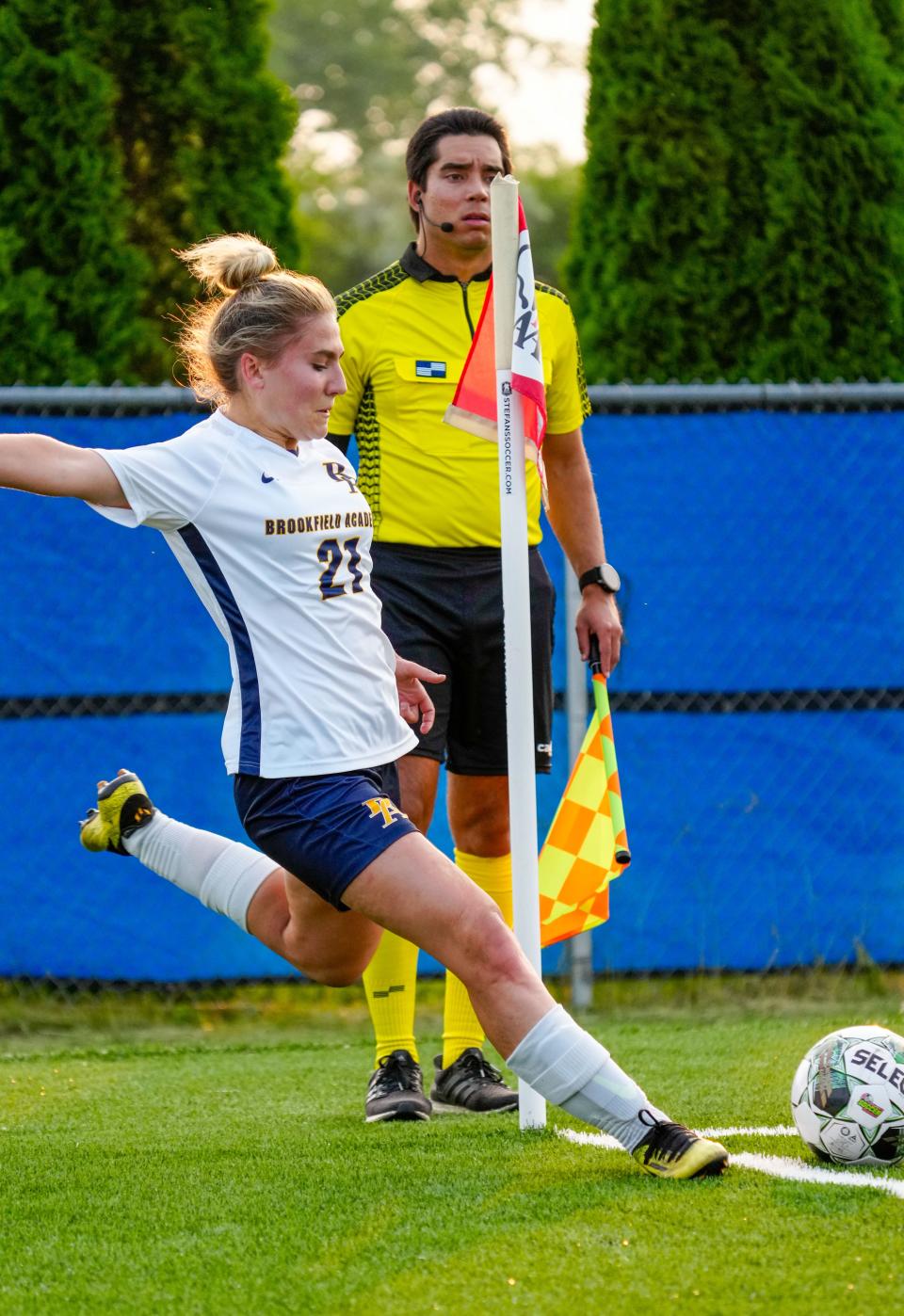 Brookfield Academy's Claire Tracy (21) takes a corner kick during the WIAA Division 4 girls state soccer semifinal against Kiel at Uihlein Soccer Park in Milwaukee, Friday, June 16, 2023.