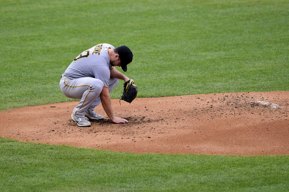 Pittsburgh Pirates starting pitcher Wil Crowe reacts after giving up a solo home run to Philadelphia Phillies' Bryce Harper during the third inning of a baseball game, Saturday, Sept. 25, 2021, in Philadelphia. (AP Photo/Derik Hamilton)