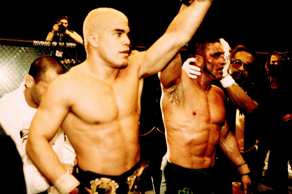 <p>2002: The first fight to gain some mainstream traction in the modern era was the grudge match between Ortiz (L) and Ken Shamrock (R) at UFC 40. A crowd of 13,265 in Las Vegas paid a gate of $1.5M and PPV buys cracked 100,000 for Ortiz’s successful defense of his light heavyweight belt, won by corner-stoppage TKO after the third round. (Photo by Josh Hedges/Zuffa LLC/Zuffa LLC via Getty Images) </p>