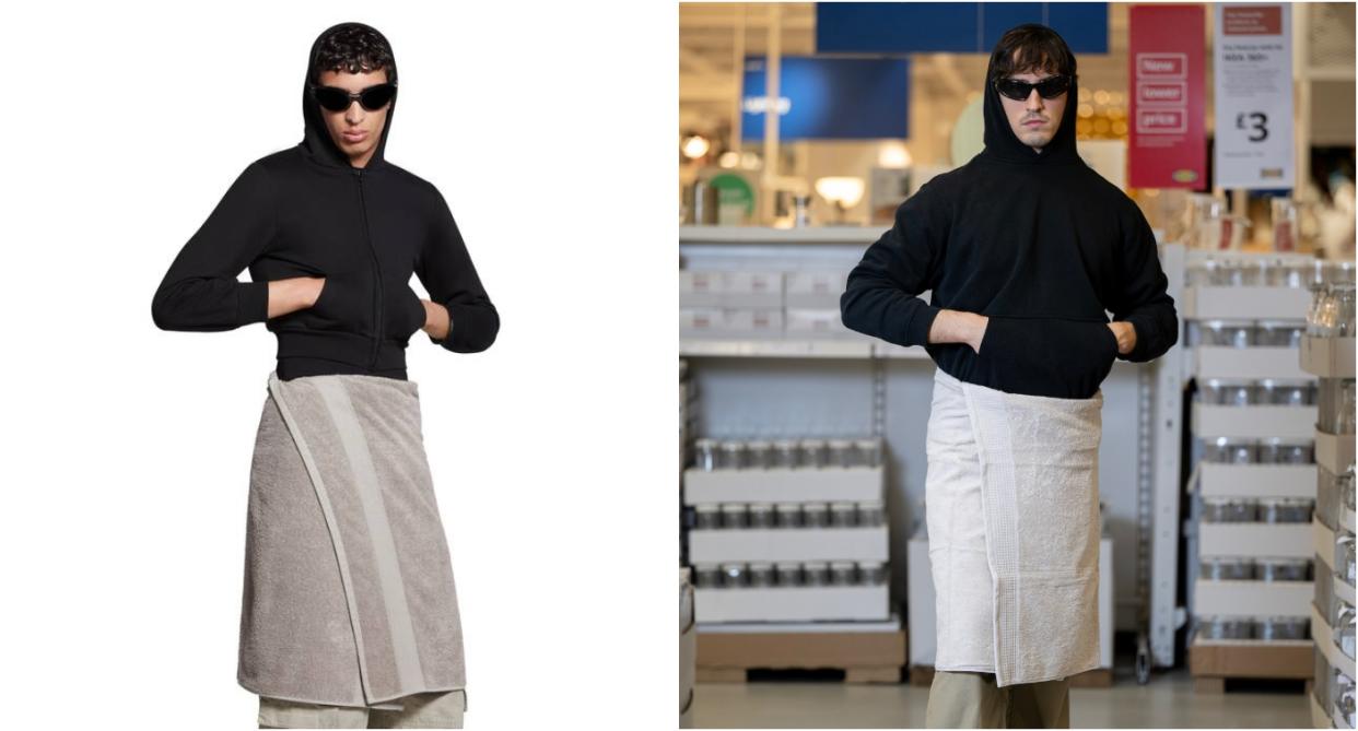 The Balenciaga towel skirt (left), and the IKEA towel (right). (Balenciaga/IKEA)