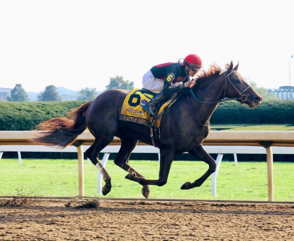 Brian Hernandez Jr. guides Rattle N Roll to victory for Lexington trainer Kenny McPeek in the Grade 1 Claiborne Breeders’ Futurity Stakes at Keeneland last October. Rattle N Roll missed the Breeders’ Cup Juvenile with an injury but is back in the mix on the road to the Kentucky Derby.